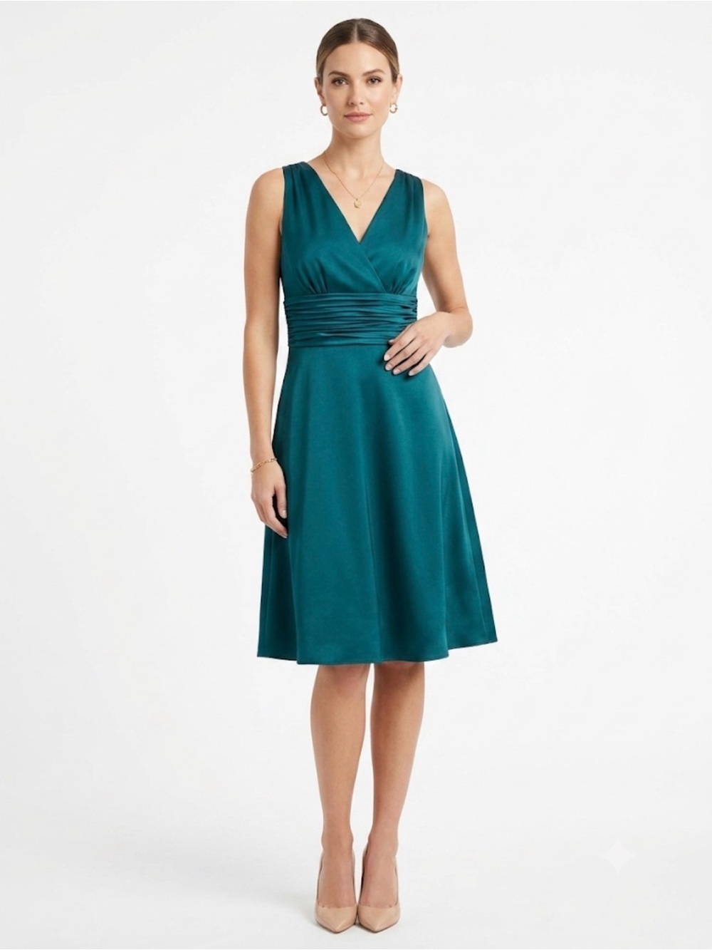 Ann Taylor Size 4 Teal Sleeveless Ruched Waist Fit & Flare Midi Dress